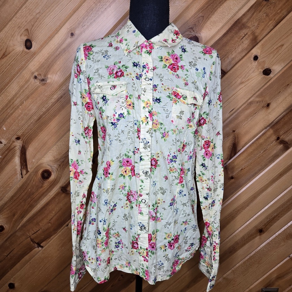 L.E.I. Junior Girl's Western Yellow Floral Cotton Button Shirt XXL (Medium) Y2K